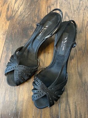 Nina Black Studded Open-Toe Slingback Heels